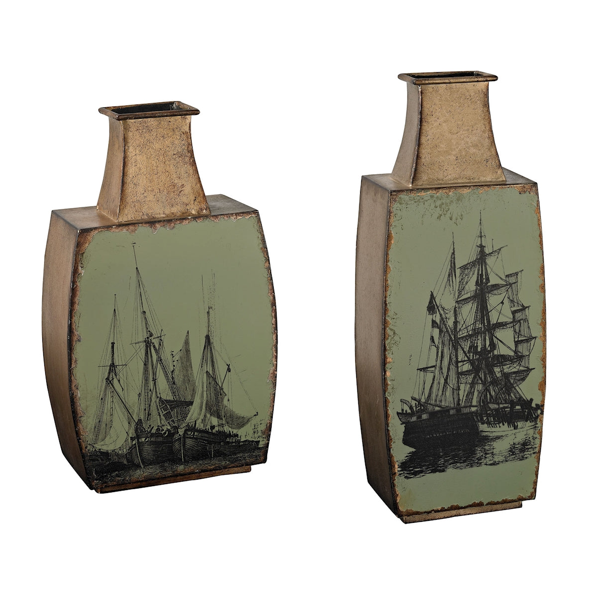 Set of 2 Metal Vases withShip Print