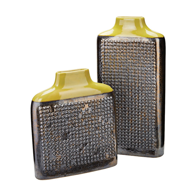 Lawn Green Dotted Relief Rectangular Vase - Set of 2