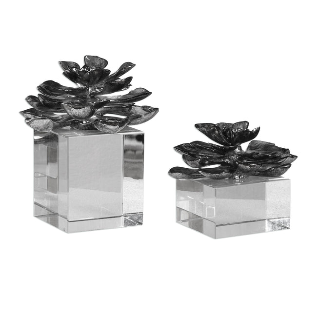 Indian Lotus Metallic Silver Flowers - Set of 2