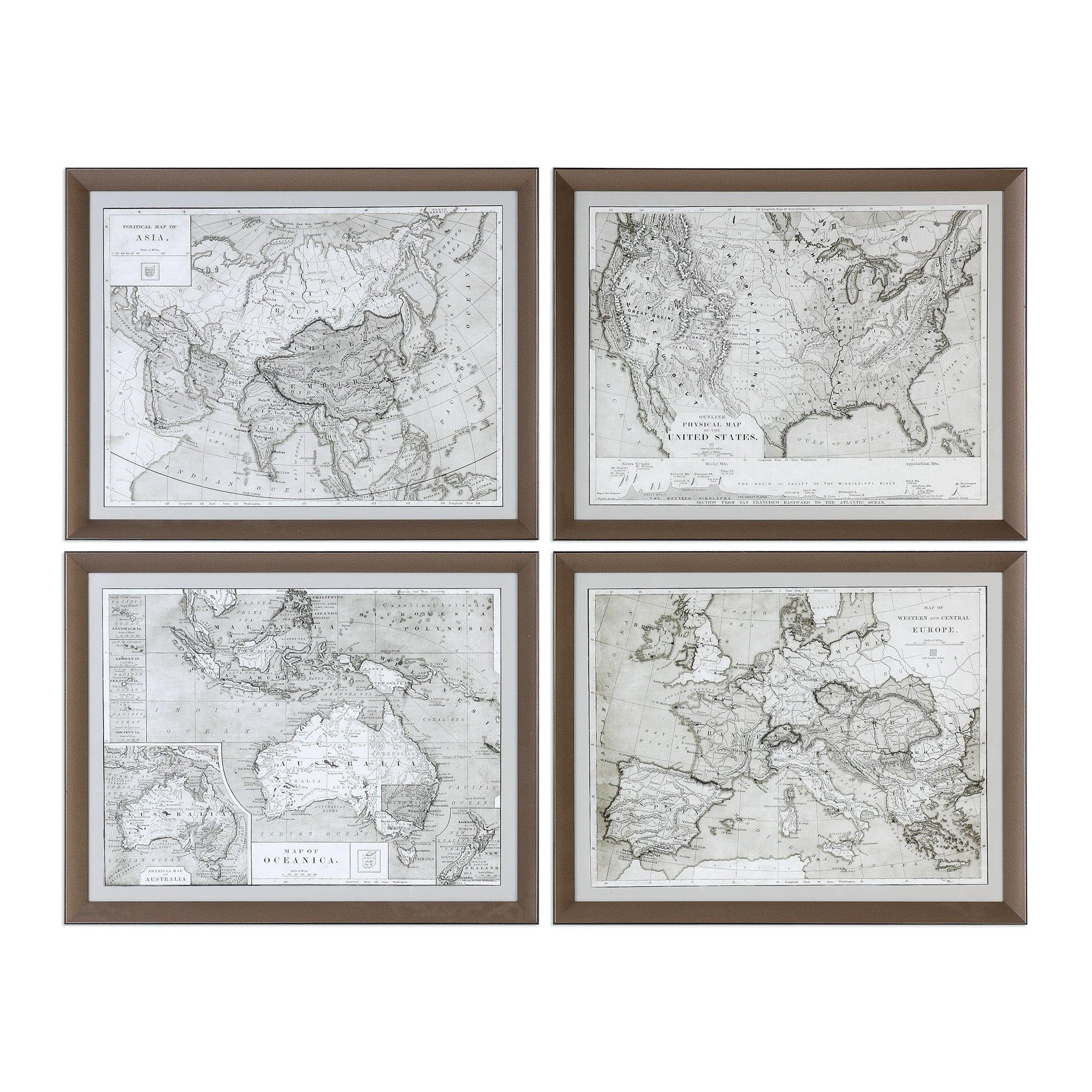 World Maps Framed Prints - Set of 4