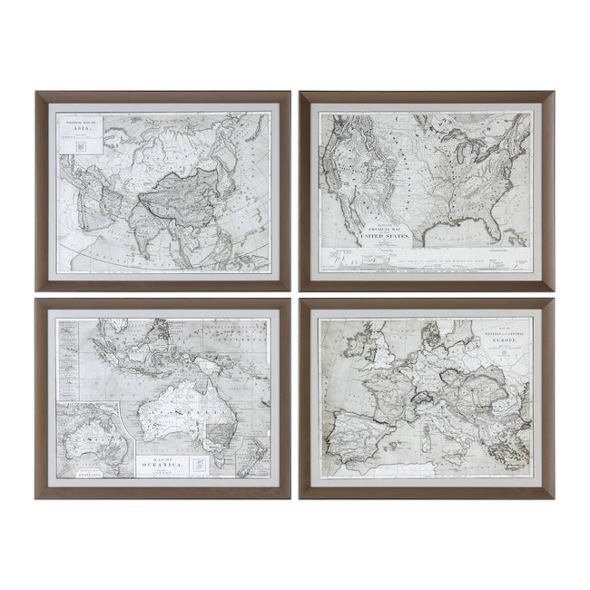 World Maps Framed Prints - Set of 4