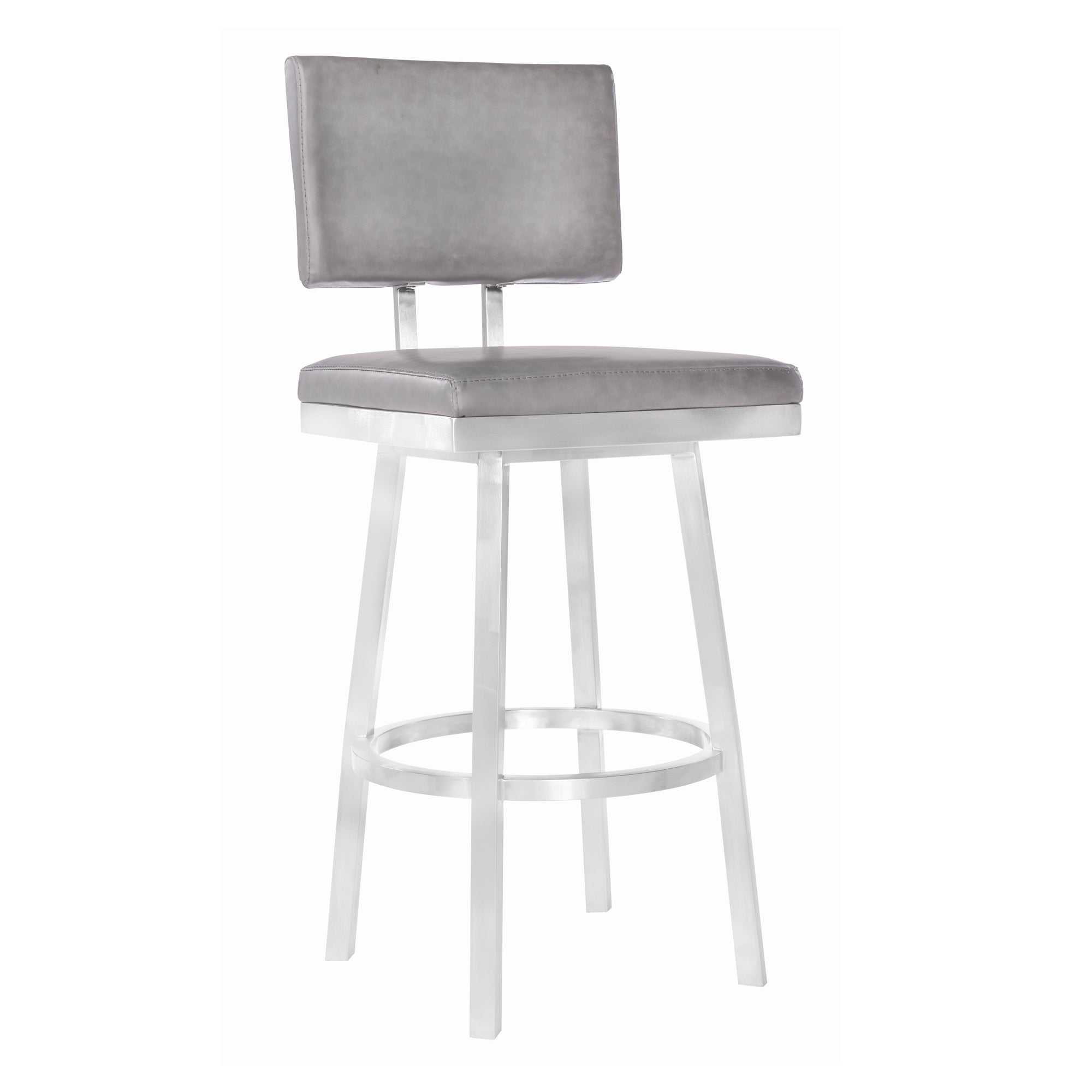 Balboa 30” Bar Stool in Brushed Stainless Steel and Vintage Gray Faux Leather