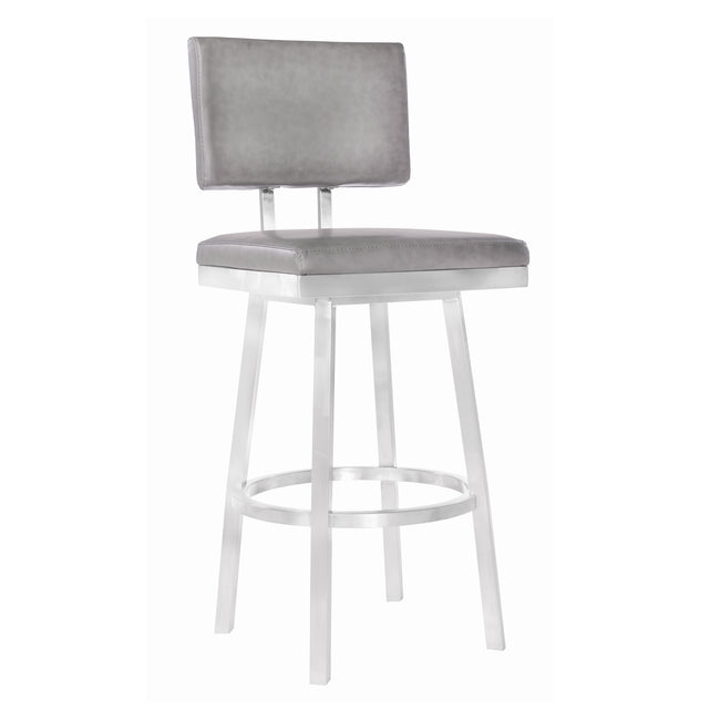 Balboa 30” Bar Stool in Brushed Stainless Steel and Vintage Gray Faux Leather