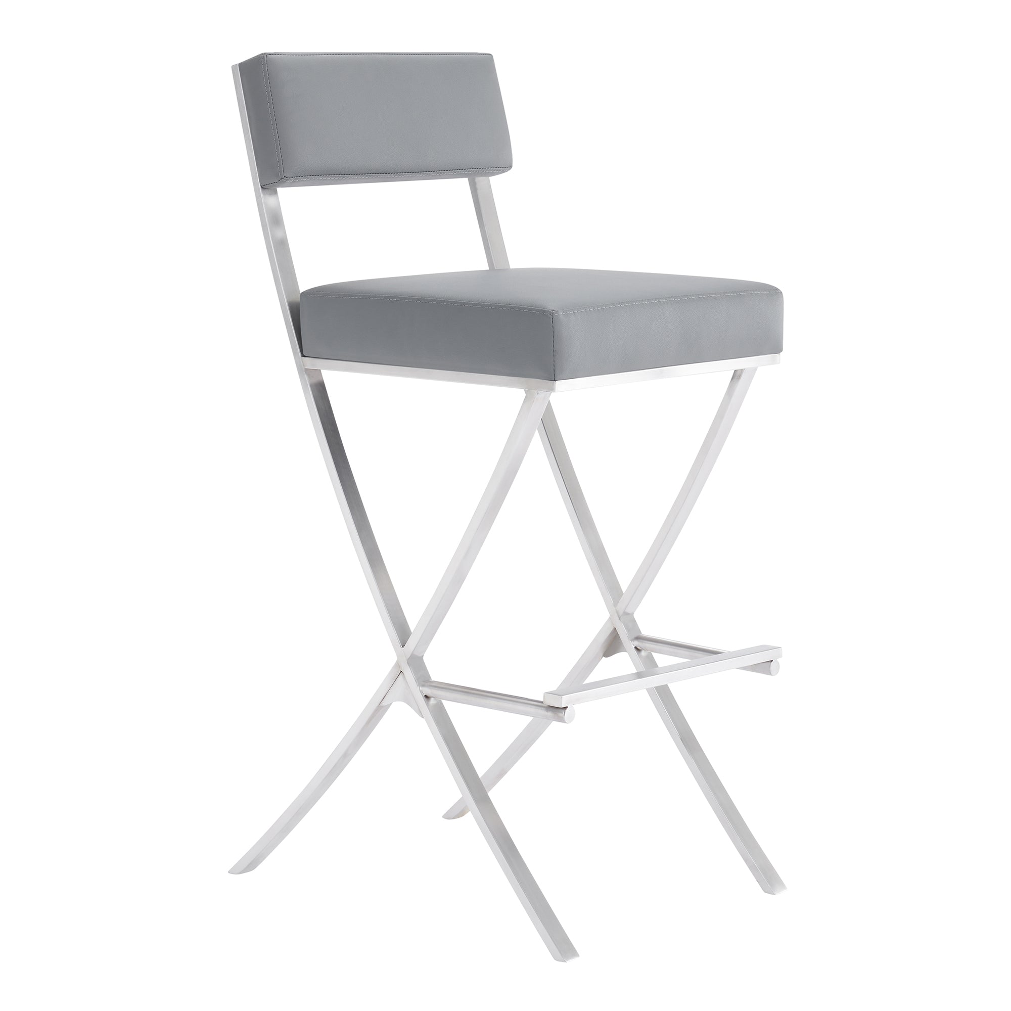 Bethany Contemporary 32" Bar Stool in Brushed Stainless Steel and Gray Faux Leather