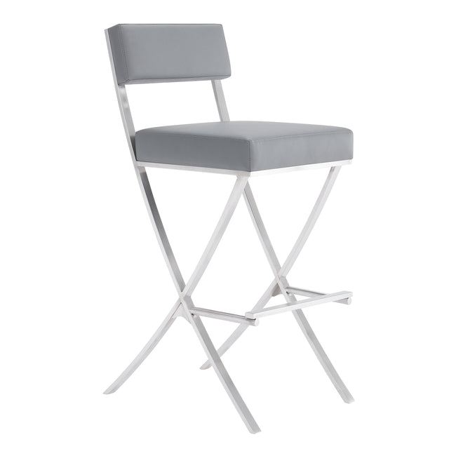 Bethany Contemporary 32" Bar Stool in Brushed Stainless Steel and Gray Faux Leather