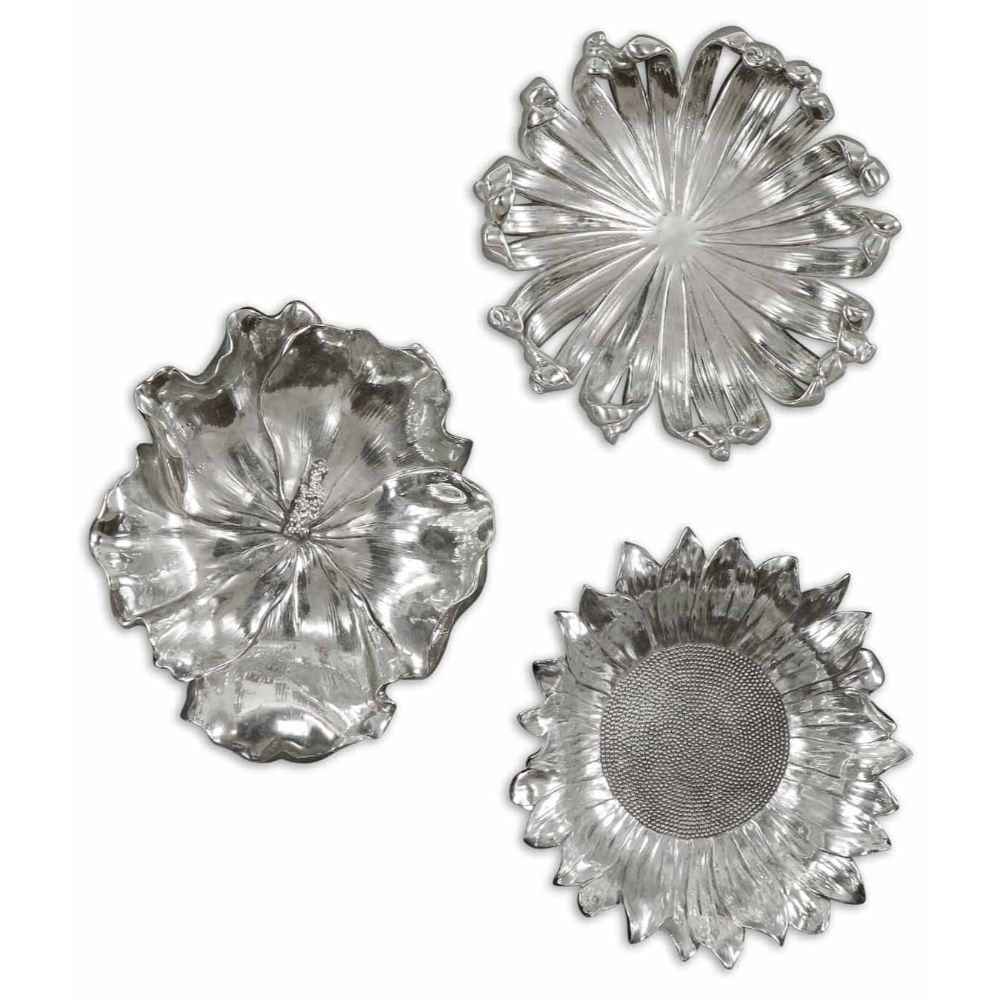 Silver Flowers Wall Art - Set of 3