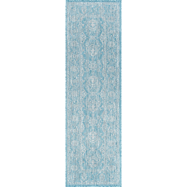 Mavie Traditional Border Aqua Runner Rug  - 2'3" x 7'3"