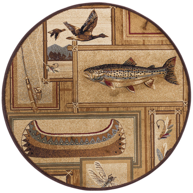 Trout Fishing Novelty Lodge Ivory Round Area Rug - 7'10" Round