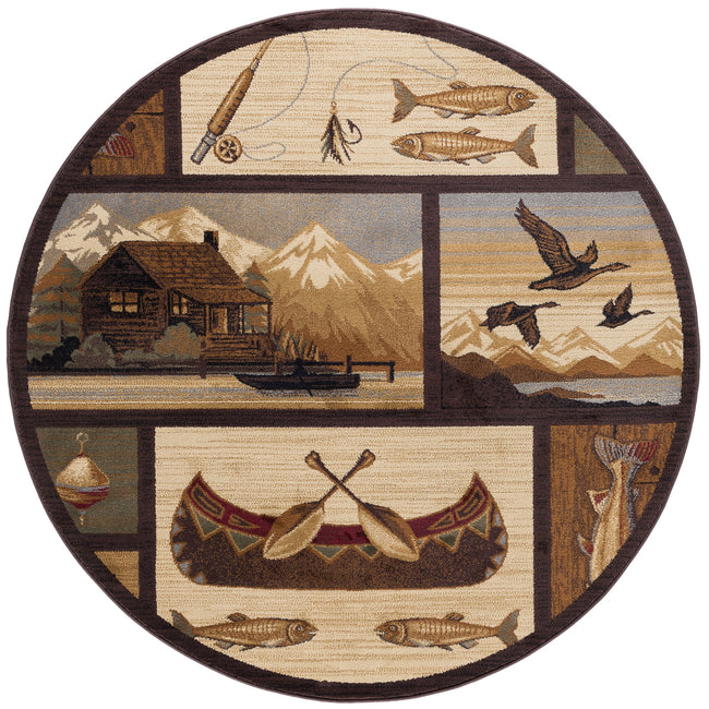 Cabin Getaway Novelty Lodge Brown Round Area Rug - 7'10" Round