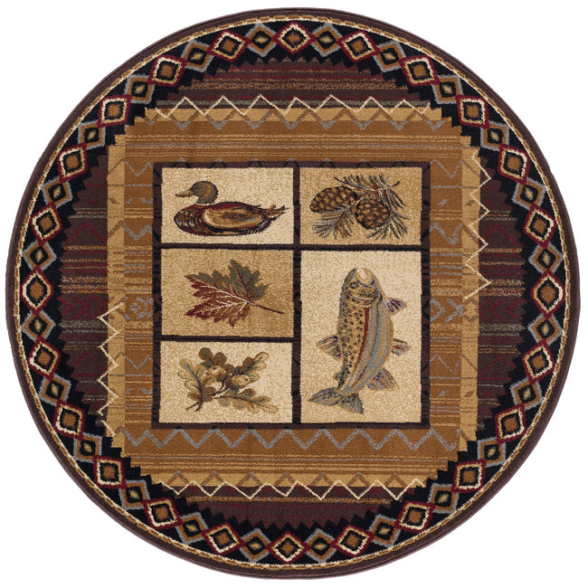 Rustic Canoe Novelty Lodge Brown Round Area Rug - 5'3" Round