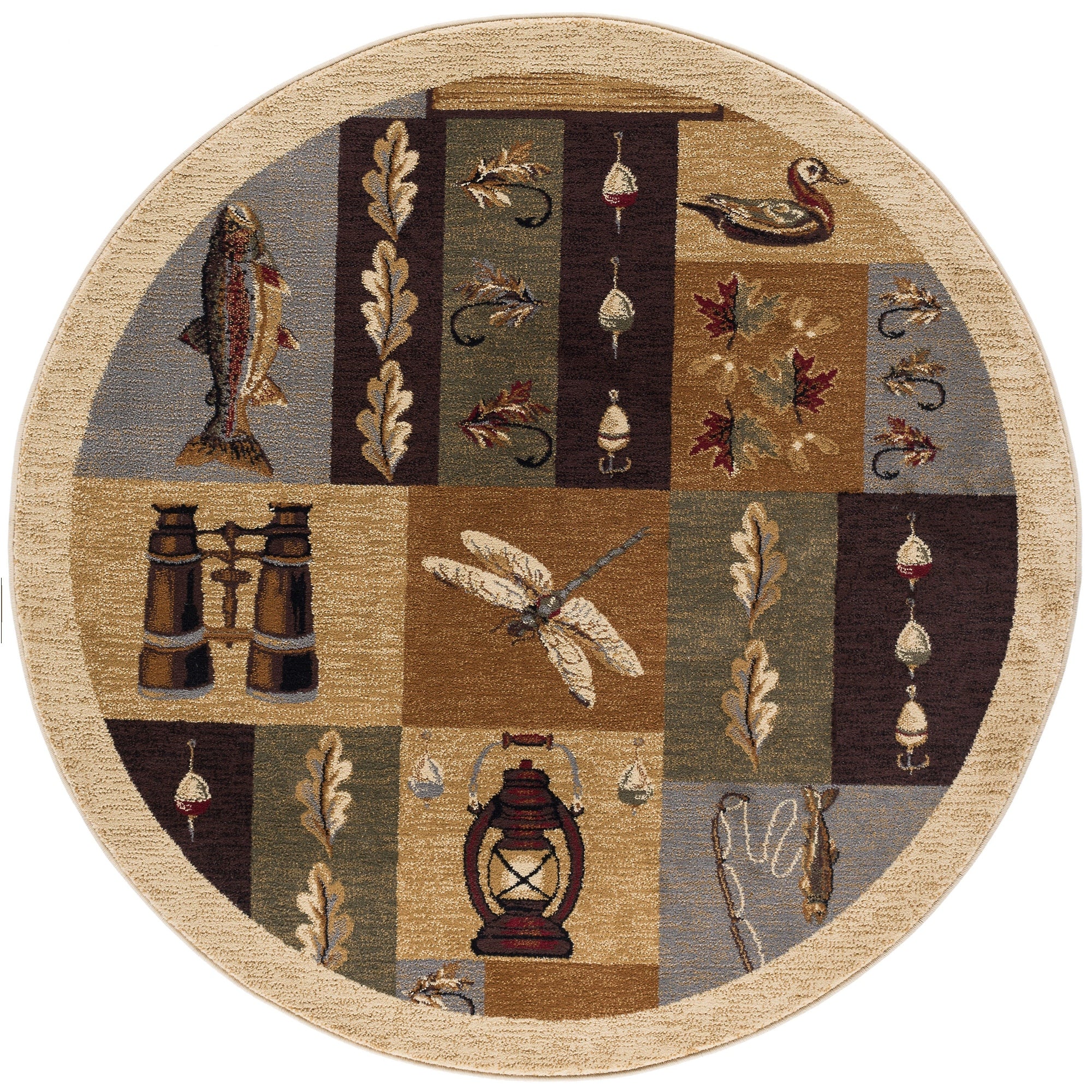 Fly Fishing Novelty Lodge Beige Round Area Rug - 7'10" Round